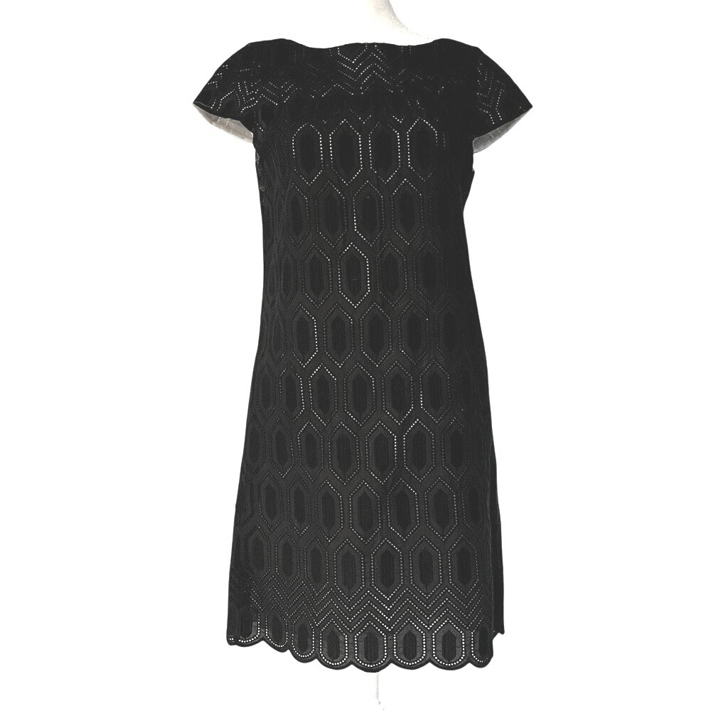 Ann Taylor Pointelle Sheath Dress 4 Black‎ Lined Cap Sleeve Women CB61K Cotton S